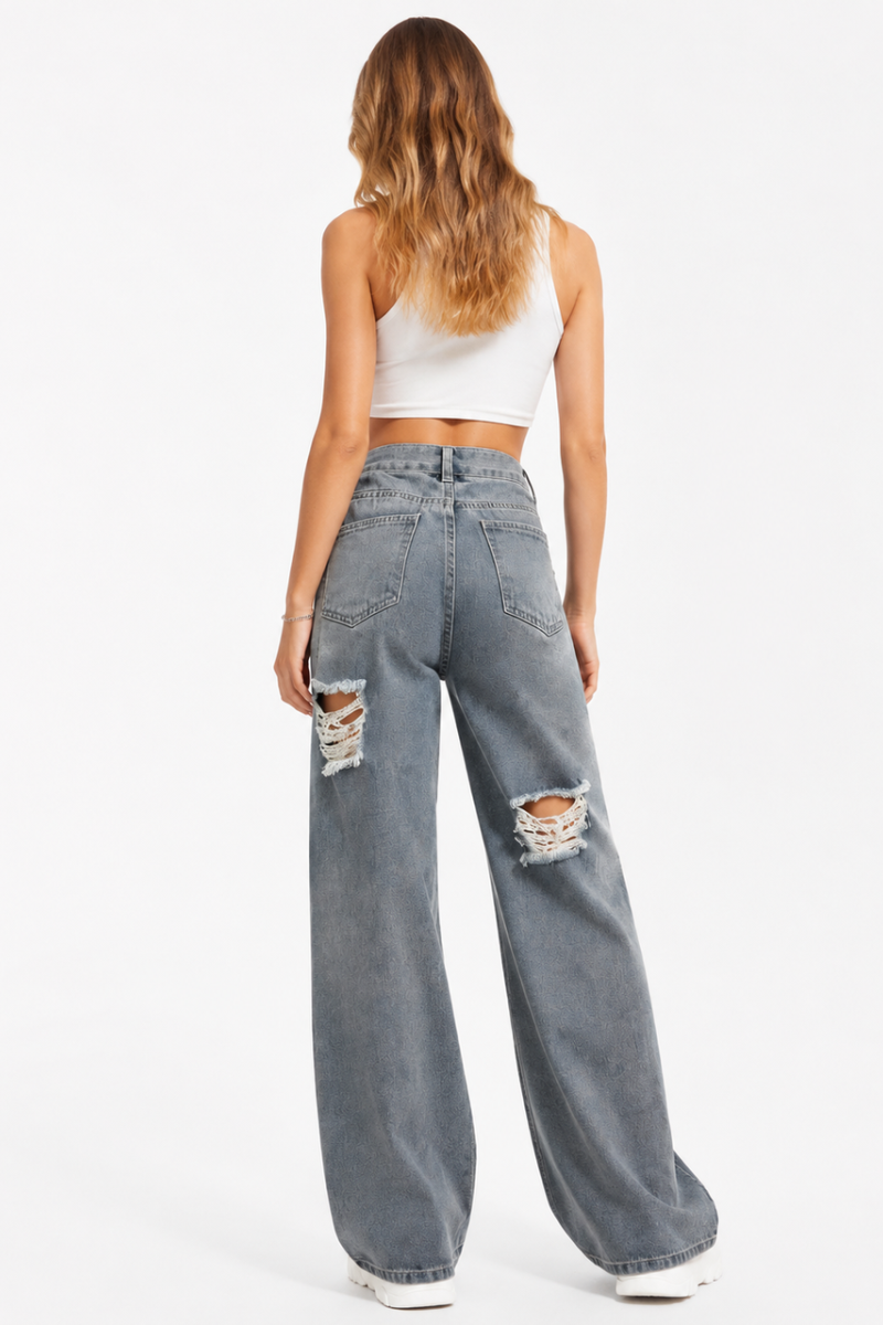 Women's High Waist Distressed Ripped Wide Leg Jeans