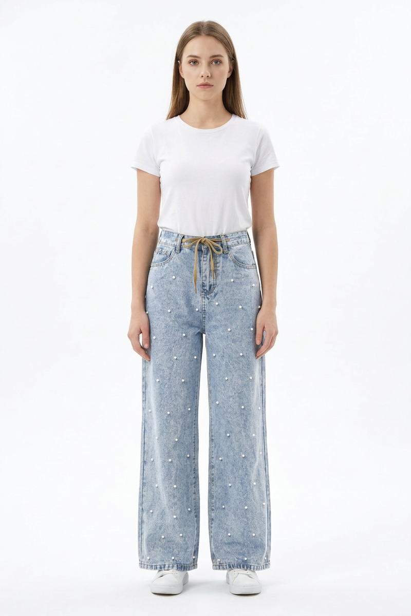 Women's High Waist Drawstring Waist Pearl Wide Leg Jeans