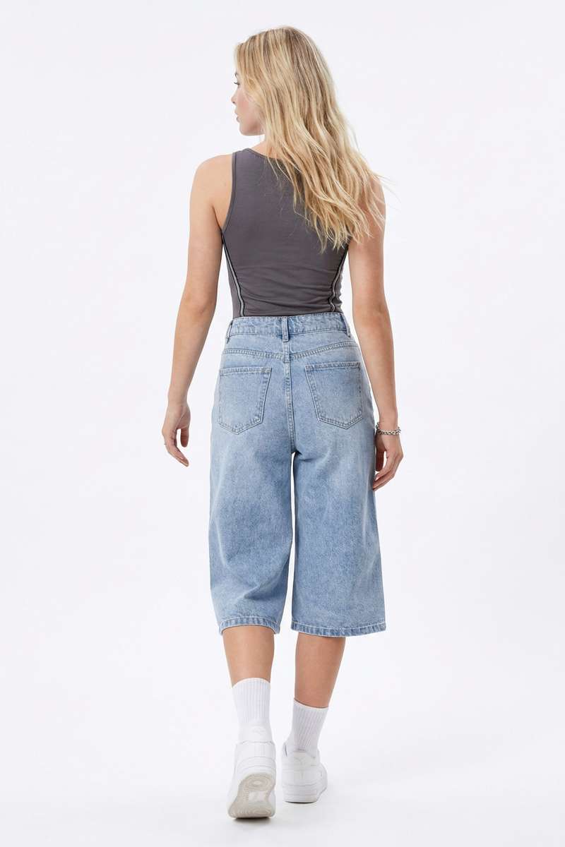 Women's High-Waisted Rhinestone DetailWide-Leg Denim Shorts