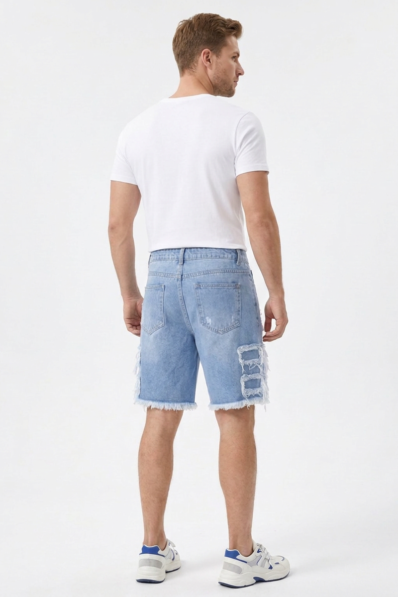 Men's Light Blue Patchwork Denim Shorts