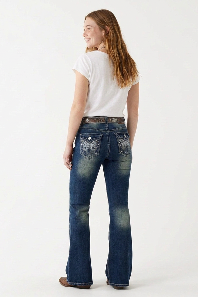 Women's High-Waisted Retro Butterfly Embroidered Flare Jeans