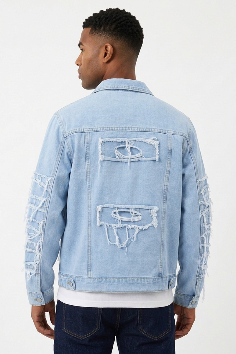 Men's Heavy Ripped Frayed Distressed Denim Jacket