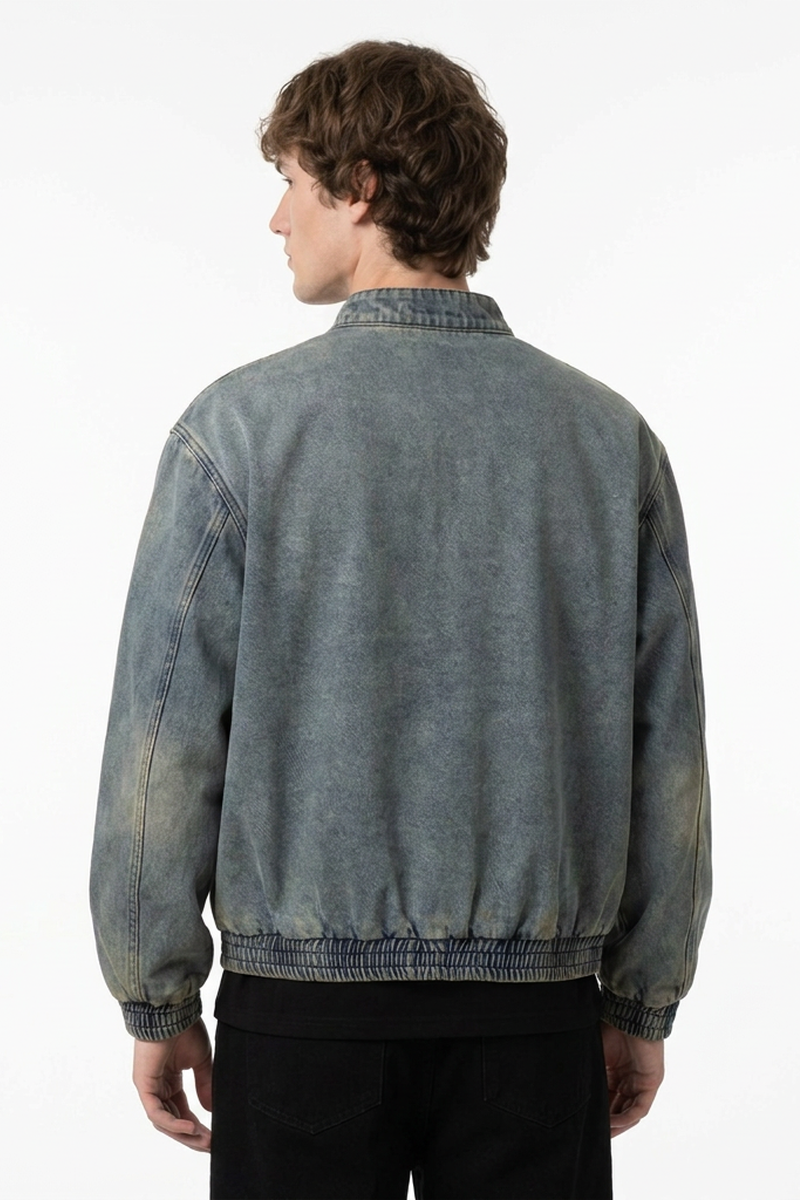 Men's Vintage Light Blue Half-Zip Distressed Denim Top