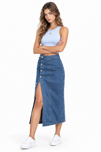 Women's High Waist Side Button Denim Midi Skirt