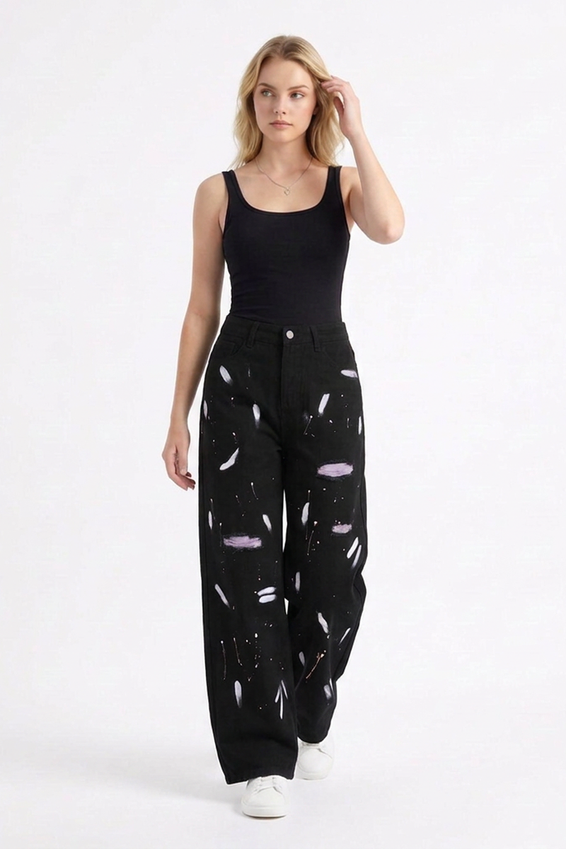 Women's High Waist Graffiti Ripped Wide Leg Jeans