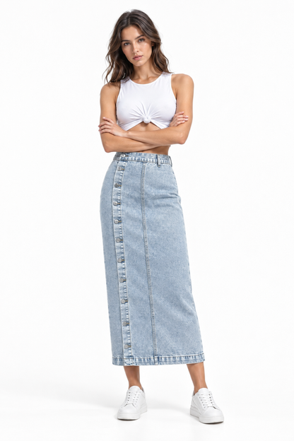 Women's High Waist Side Button Denim Midi Skirt