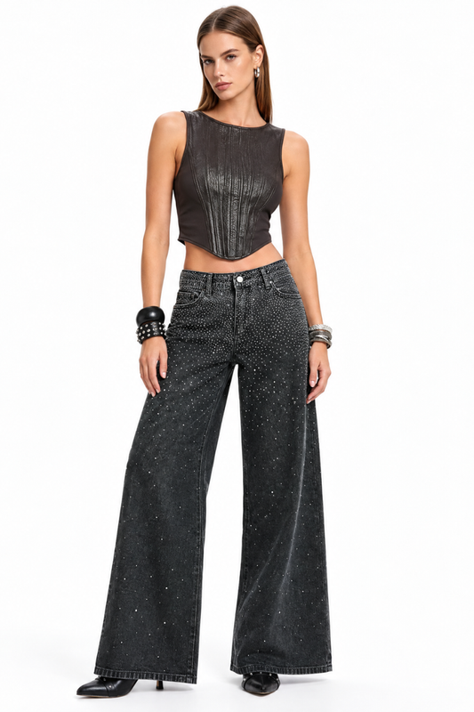 Women's Vintage Washed High Waist Rhinestone Wide Leg Jeans
