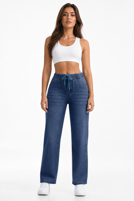 Women's High Waist Drawstring Straight Leg Jeans