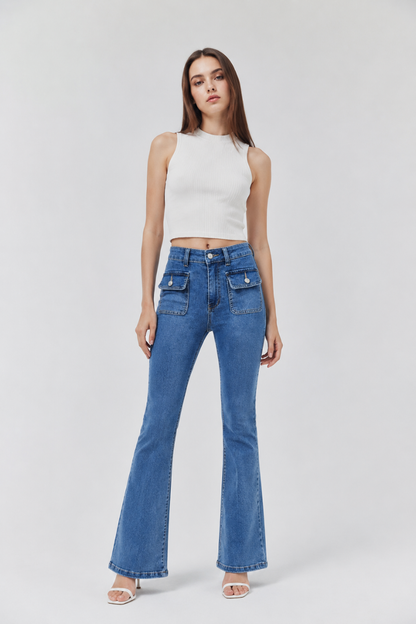 Women's High Waist Flare Jeans with Button Front Pockets
