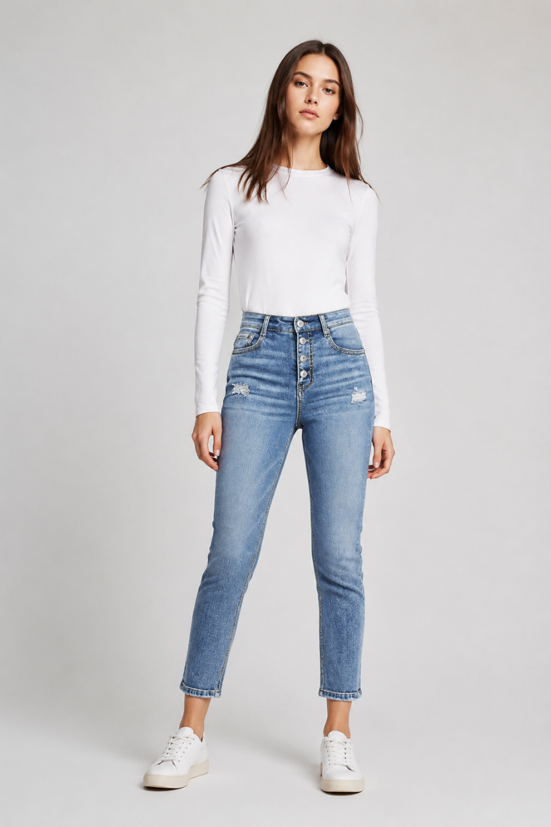 Women's High Waist Button Stretch Skinny Jeans