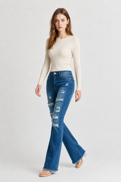 Women's Distressed Ripped Frayed Hem Stretch Flare Jeans