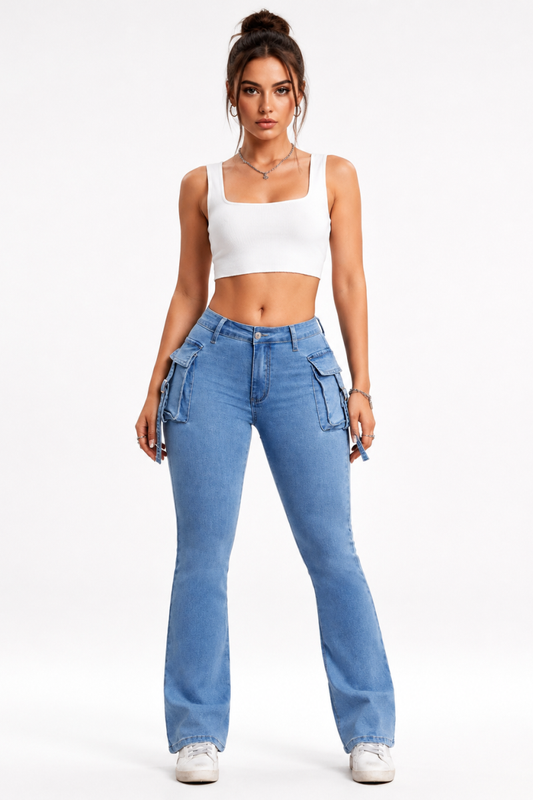 Women's High Waist Stretch Flare Cargo Jeans