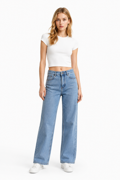 Women's High Waist Washed Straight Leg Jeans