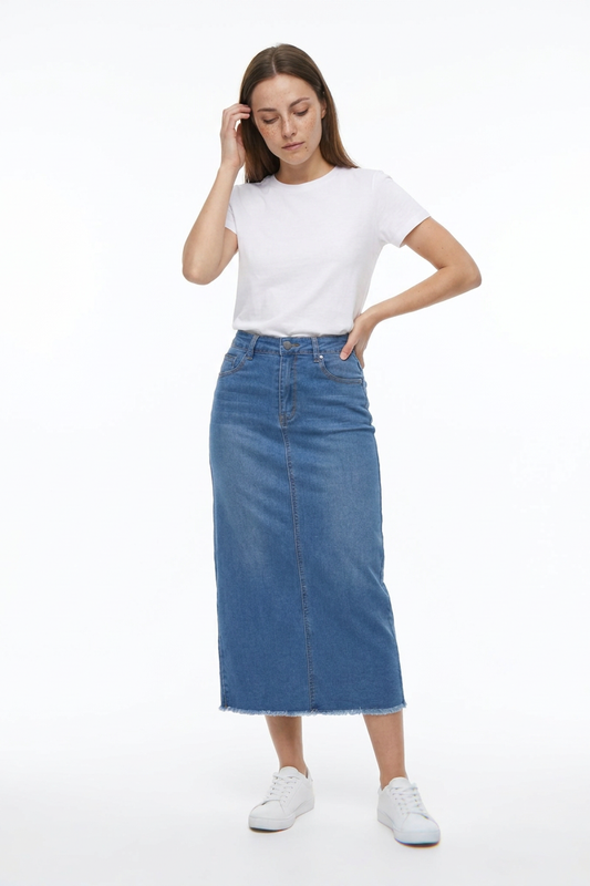 Women's High Waist Back Slit Denim Midi Skirt