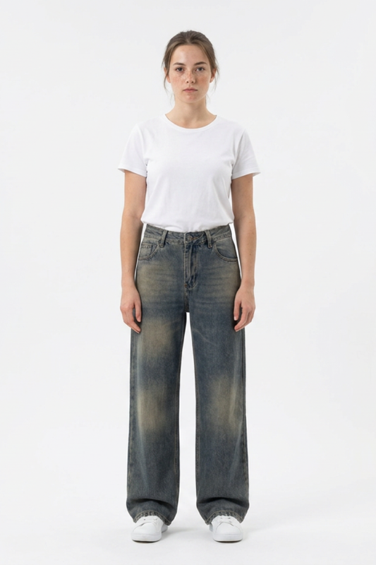 Women's 100% Cotton Vintage Wash Straight Leg Jeans