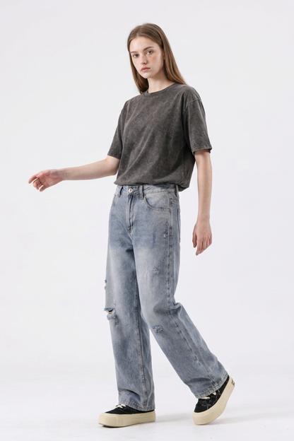 Women's High Waist Distressed Ripped Straight Jeans