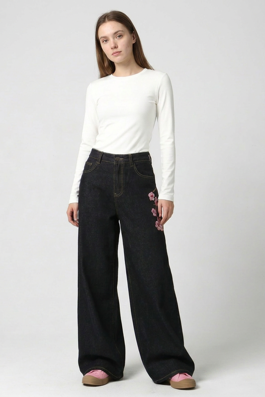 Women's Floral Embroidered High Waist Wide Leg Jeans
