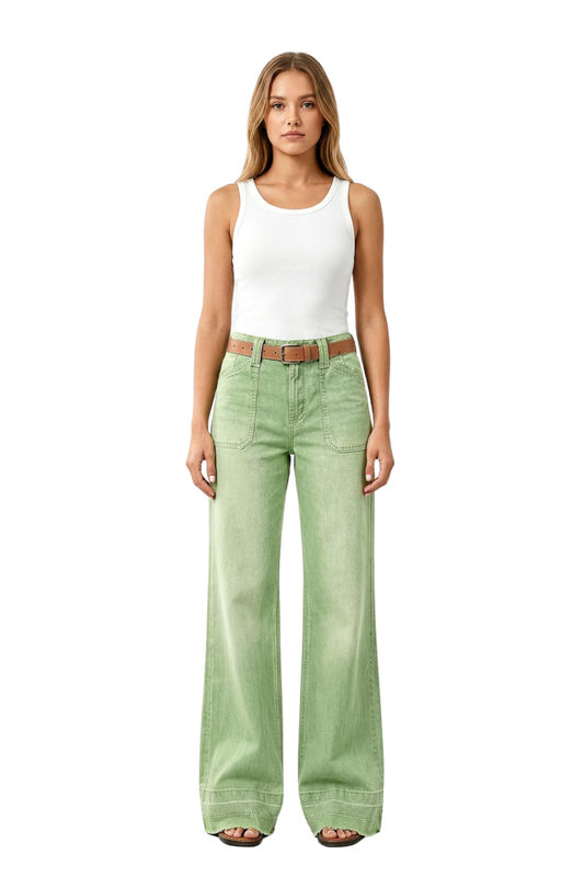Women's Green Vintage Wash High-Waisted Wide-Leg Jeans
