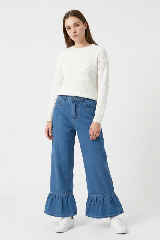 Women's High Waist Ruffle Hem Wide Leg Jeans