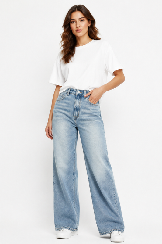 Women's High Waist Blue Stretch Wide Leg Jeans