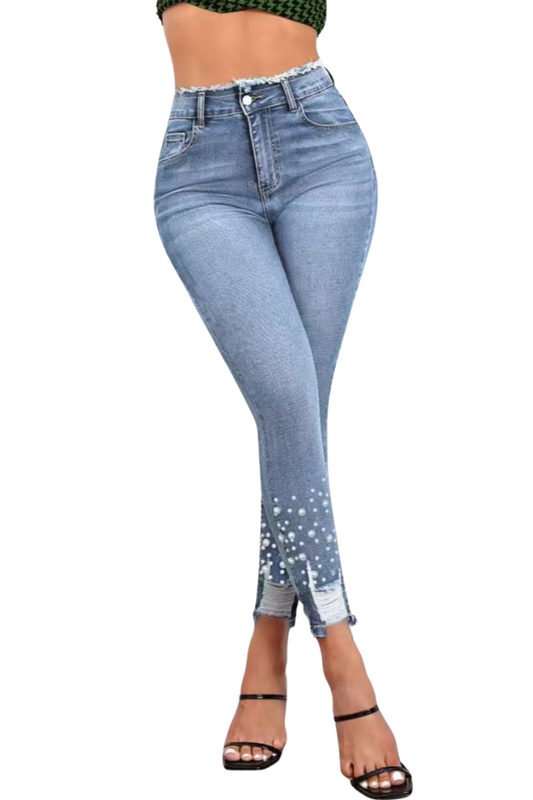 Women's High Waisted Pearl Embellished Skinny Jeans