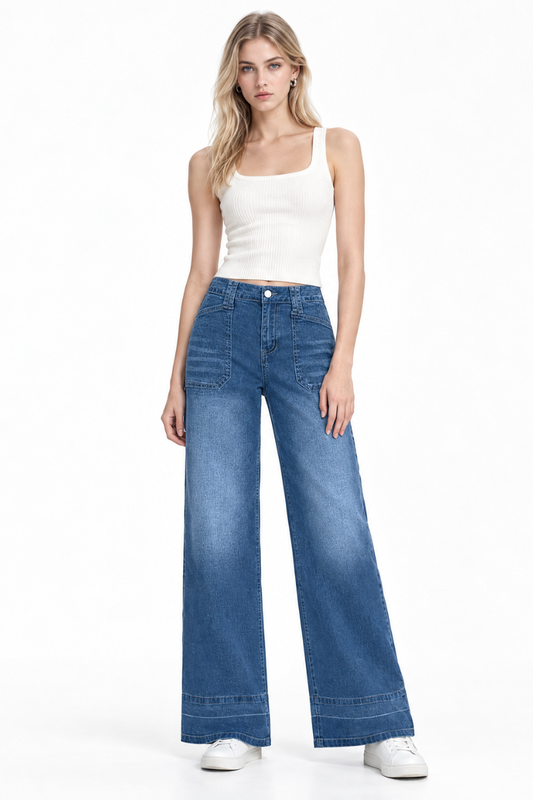 Women's High Waist Patchwork Wide Leg Jeans