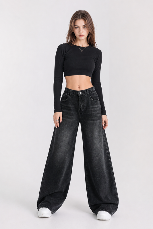 Women's high-rise wide-leg jeans with a half-elastic waist