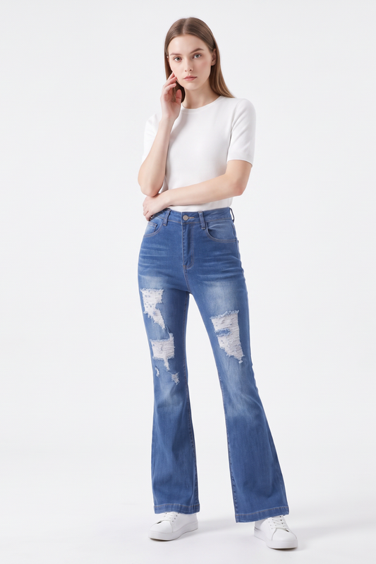 Women's High Waist Ripped Distressed Stretch Flare Jeans