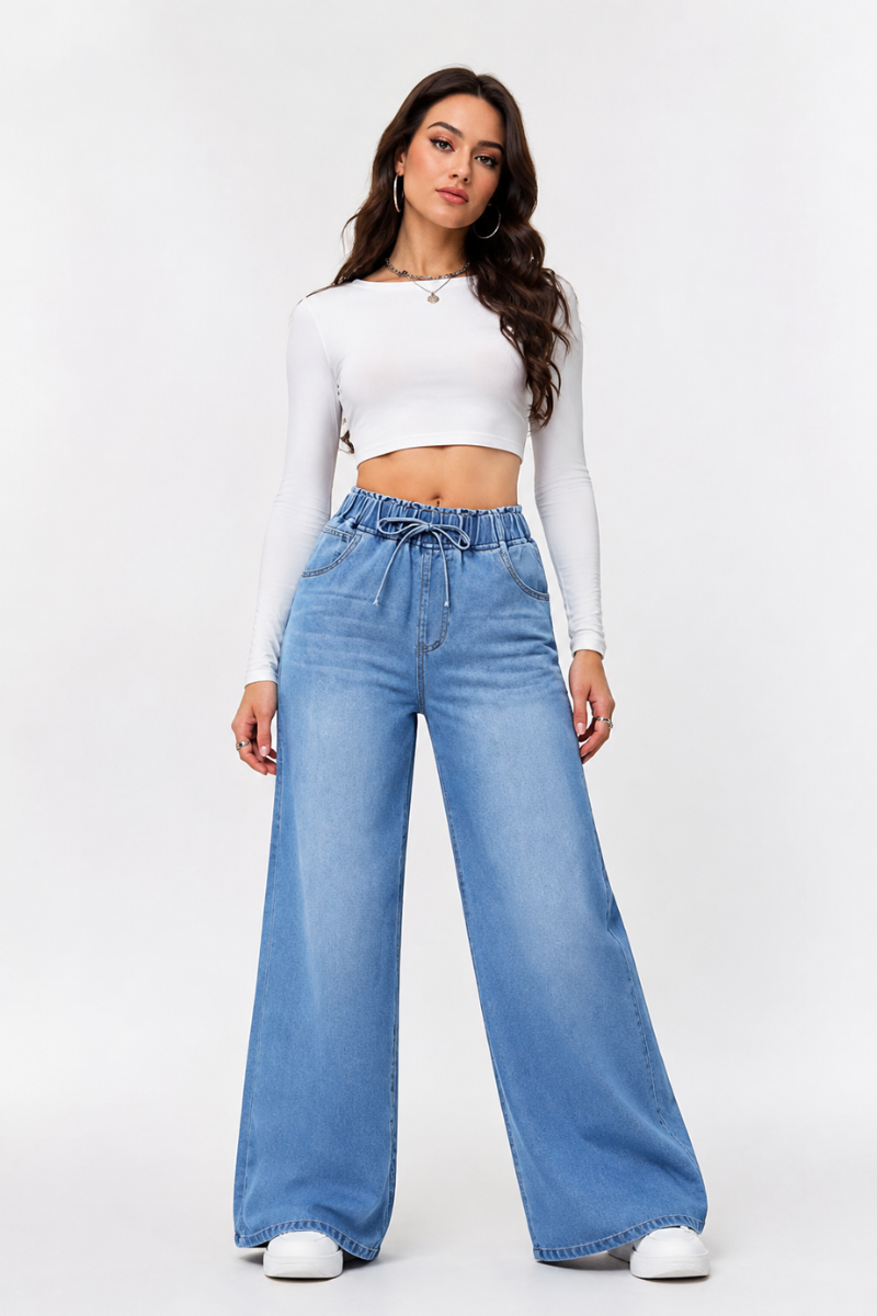 Women's Drawstring Elastic Waist Wide Leg Jeans