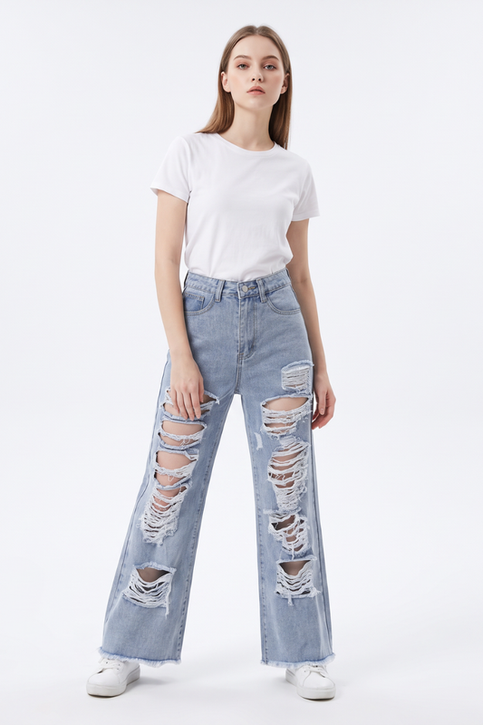 Women's High Waist Distressed Wide Leg Jeans
