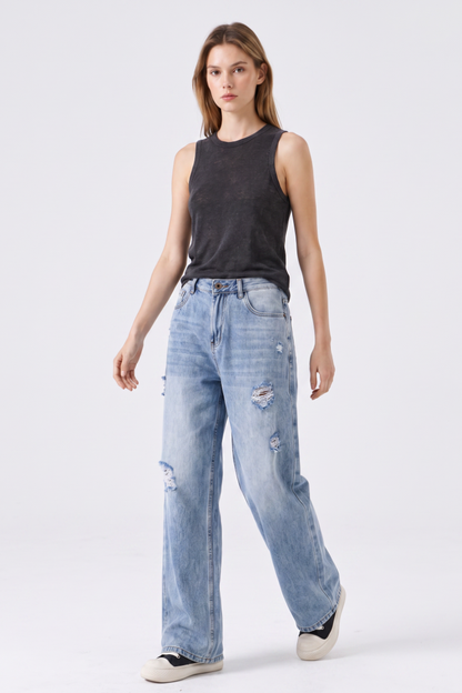 Women's High Waist Ripped Wide Leg Jeans