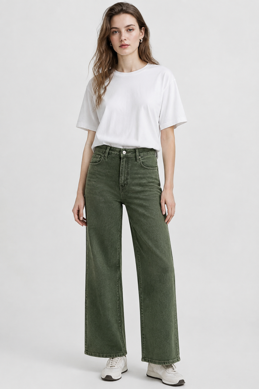 Women's high-waisted stretch loose straight-leg jeans