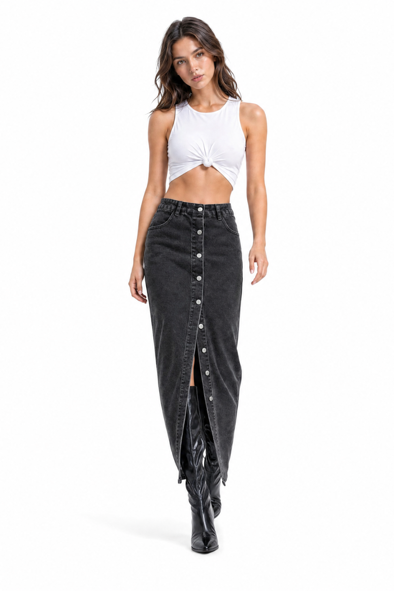 Women's High Waist Front Button Denim Midi Skirt