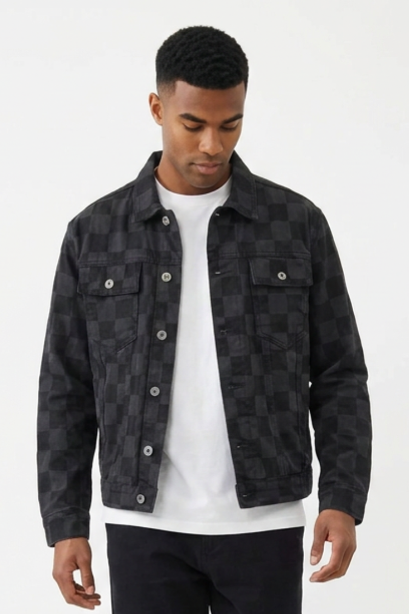 Men's Black Checkerboard Denim Jacket