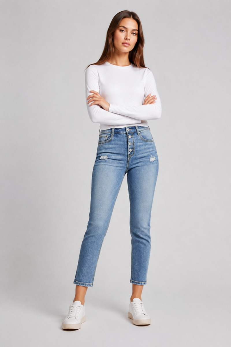 Women's High Waist Button Stretch Skinny Jeans