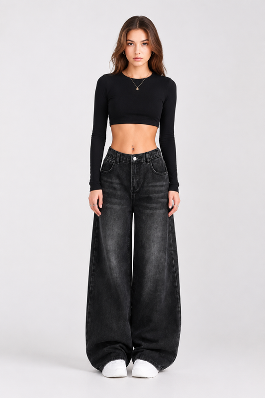 Women's high-rise wide-leg jeans with a half-elastic waist