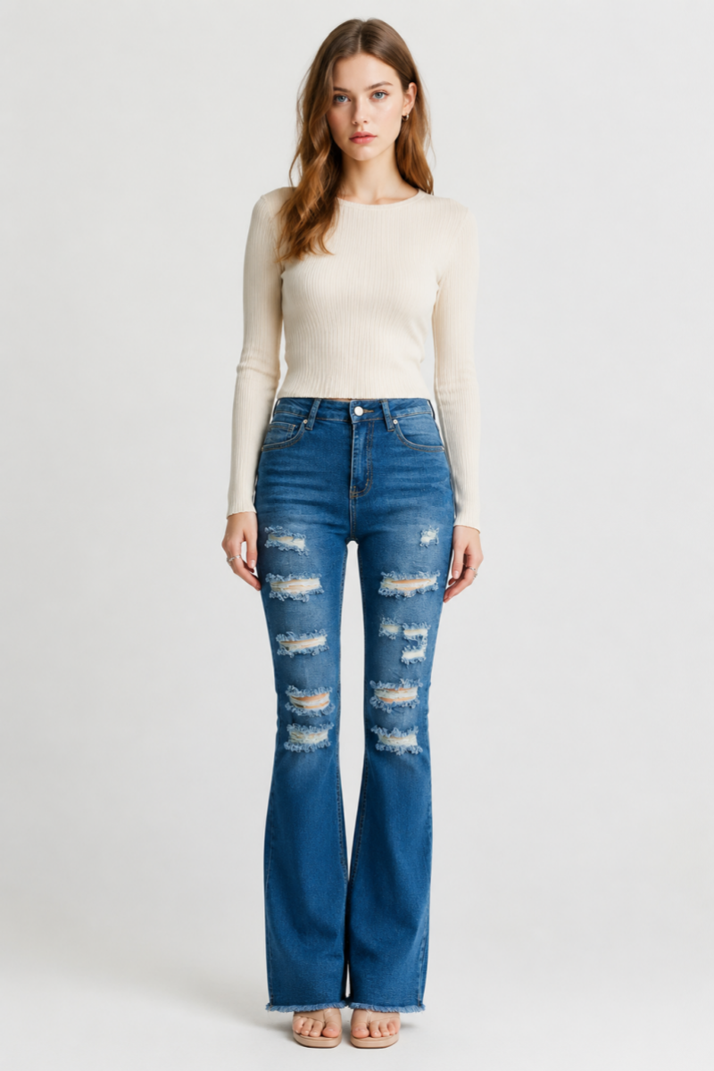 Women's Distressed Ripped Frayed Hem Stretch Flare Jeans