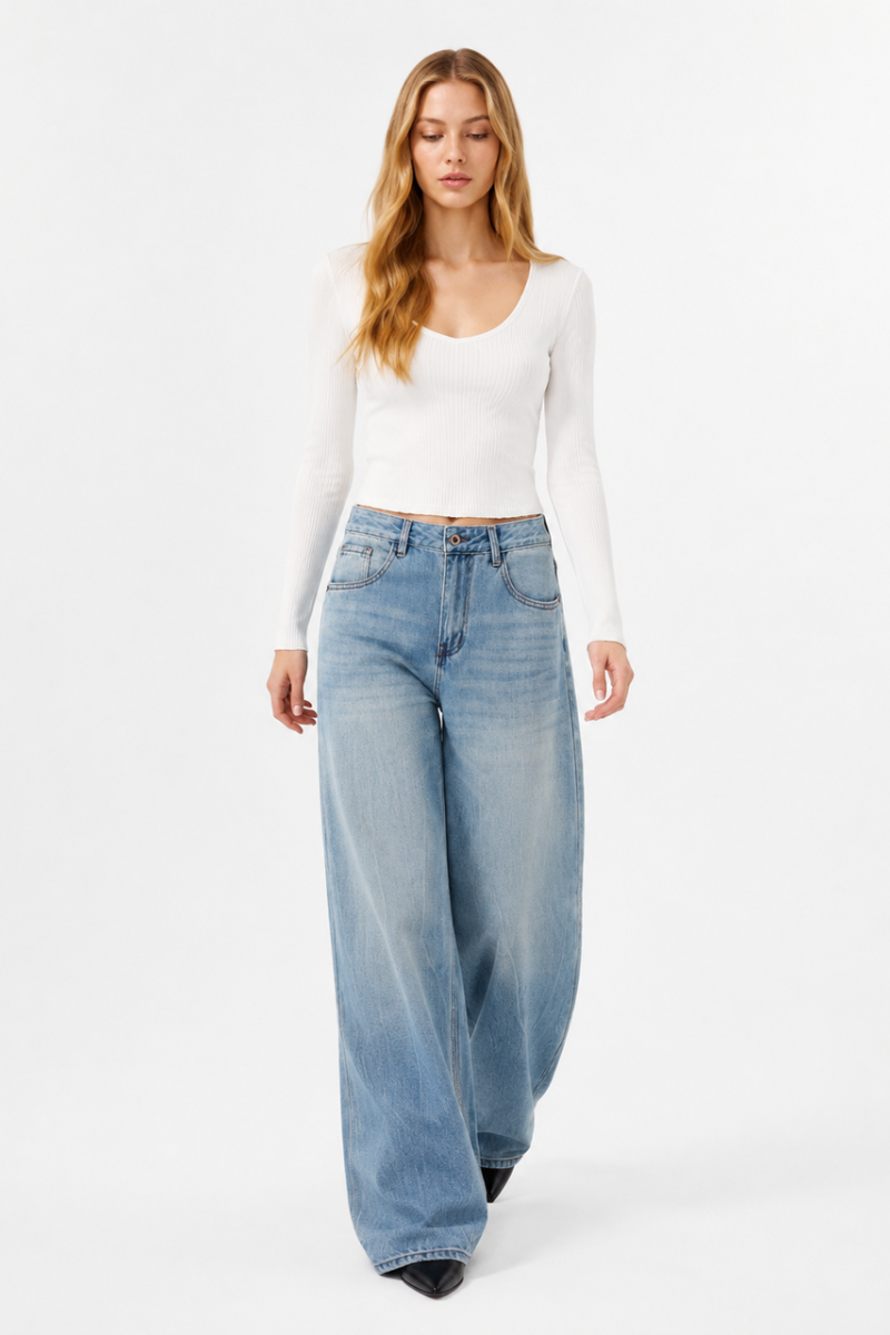 Women's 100% Cotton High Waist Wash Wide Leg Jeans