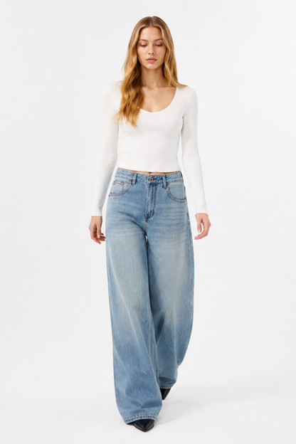 Women's 100% Cotton High Waist Wash Wide Leg Jeans