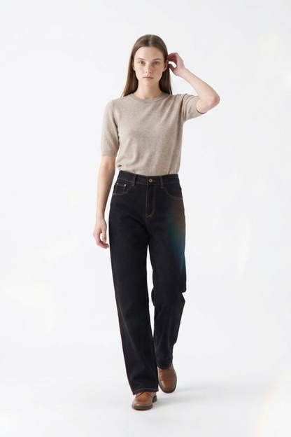 Women's Raw Black Wash High Waist Straight Leg Jeans