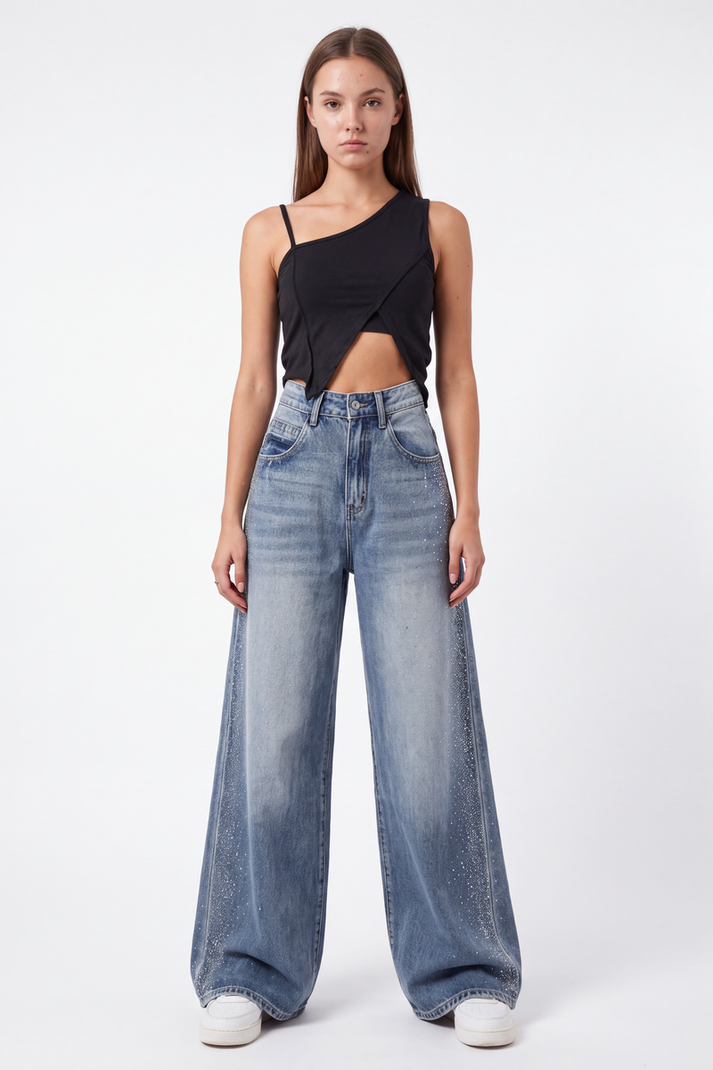 Women's Sparkly Diamante High Waist Stretch Wide Leg Jeans