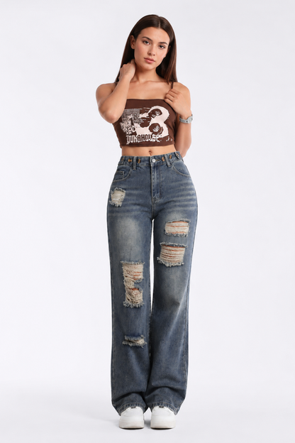 Women's High Waist Distressed Straight Leg Jeans