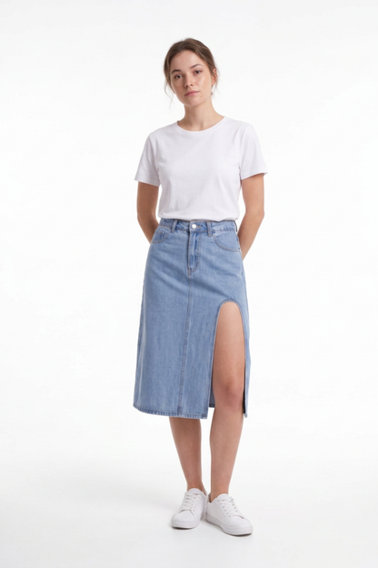 Women's High Waist A-Line Front Slit Denim Midi Skirt