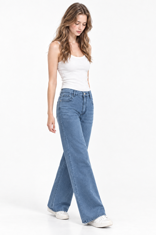 Women's High Waist Blue Stretch Wide Leg Jeans