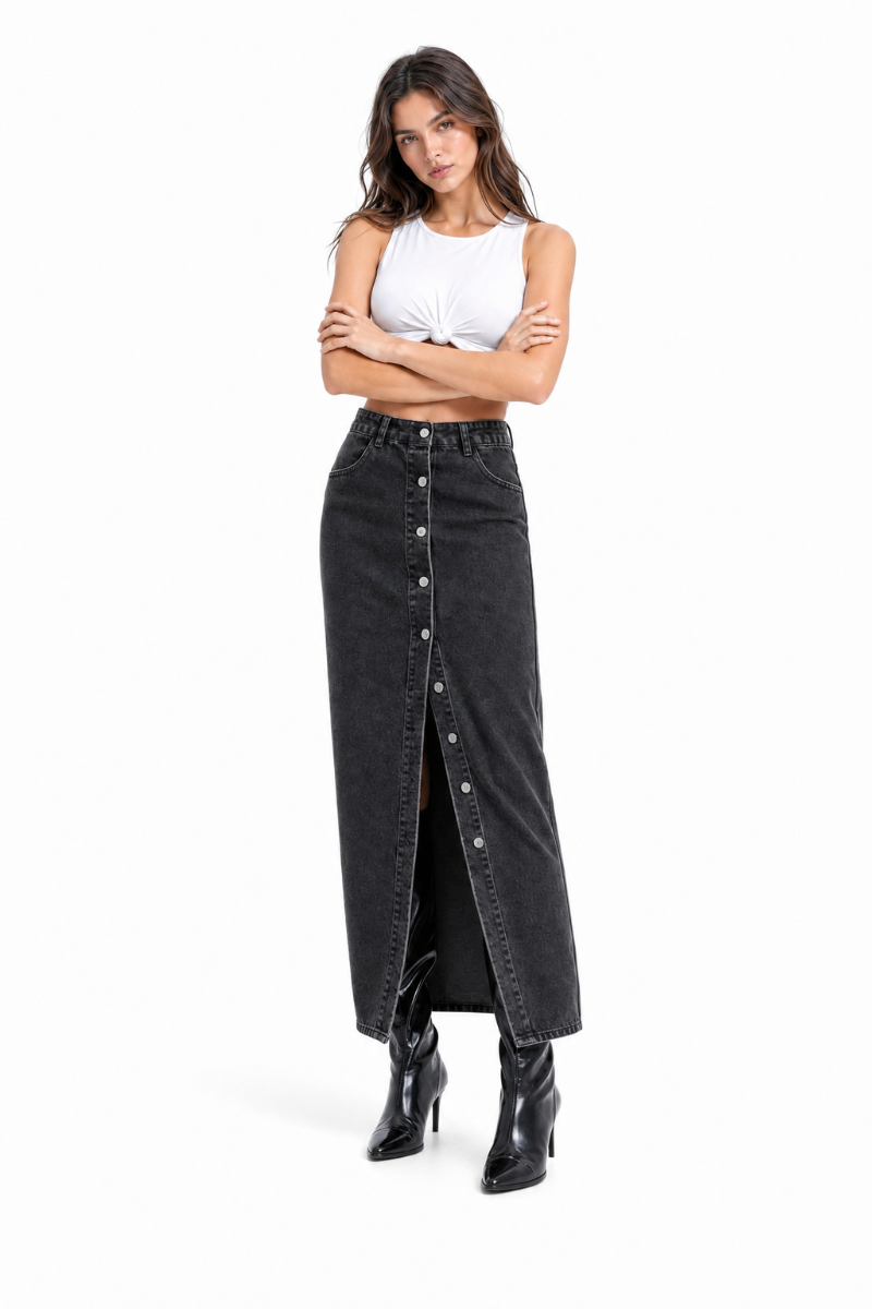 Women's High Waist Front Button Denim Midi Skirt