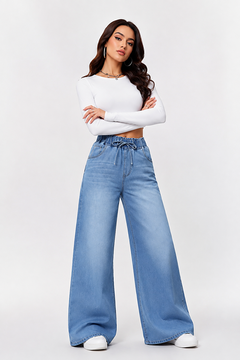 Women's Drawstring Elastic Waist Wide Leg Jeans
