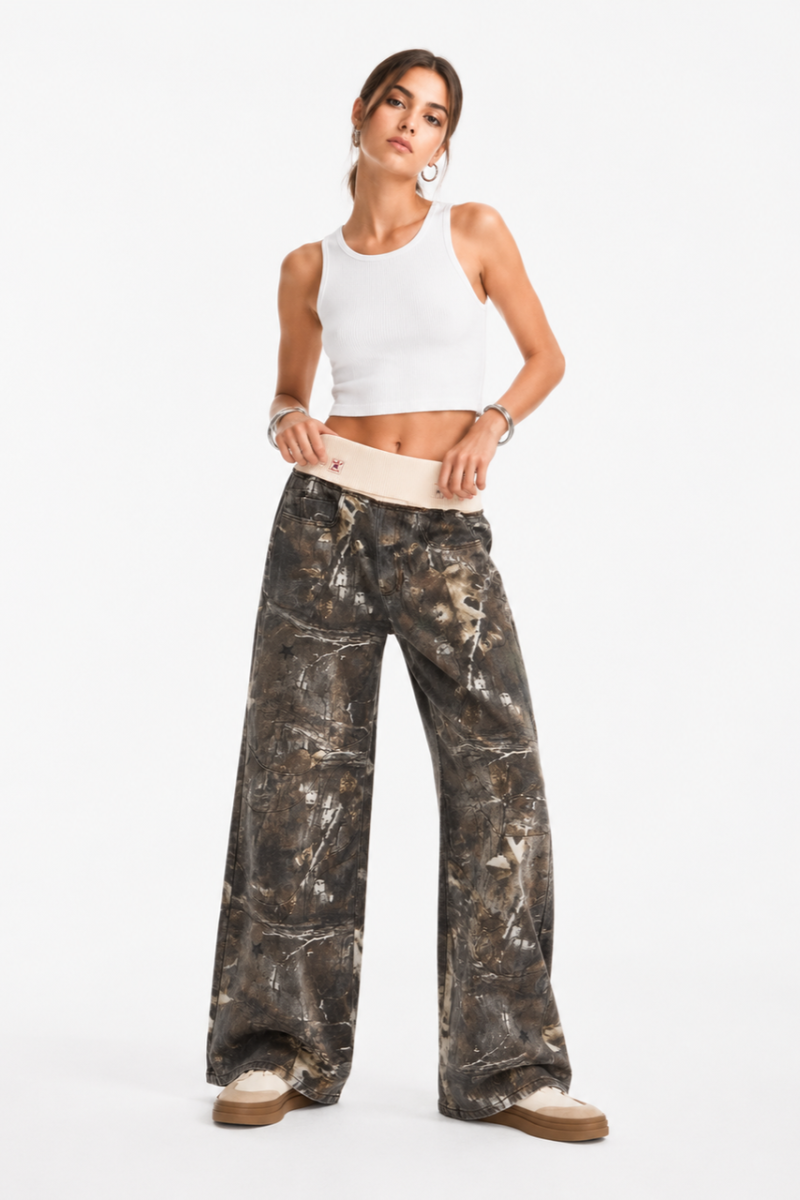 Women's Vintage High Waist Wash Camo Print Wide Leg Jeans