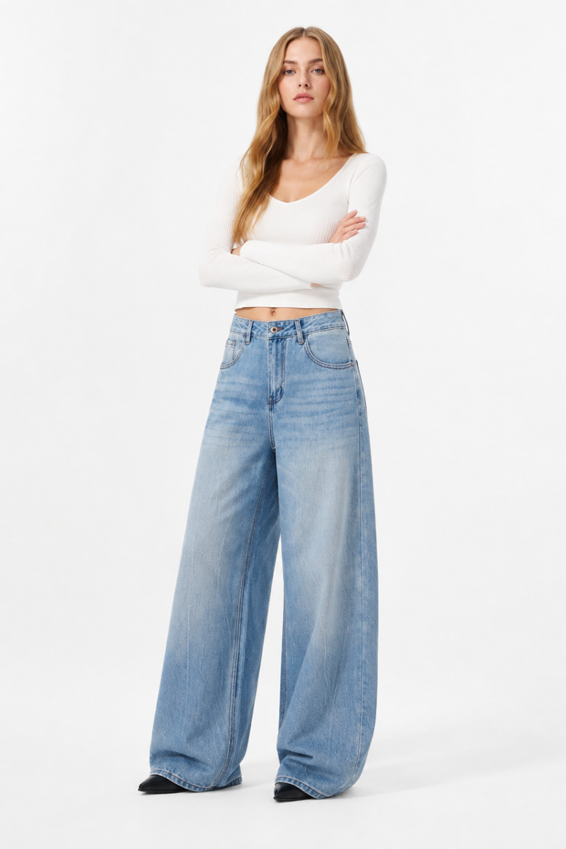 Women's 100% Cotton High Waist Wash Wide Leg Jeans