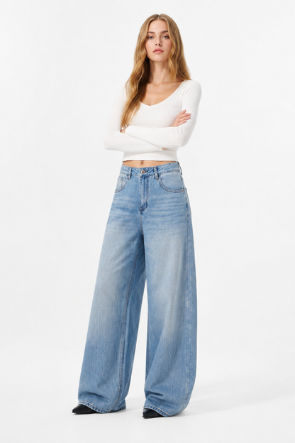 Women's 100% Cotton High Waist Wash Wide Leg Jeans
