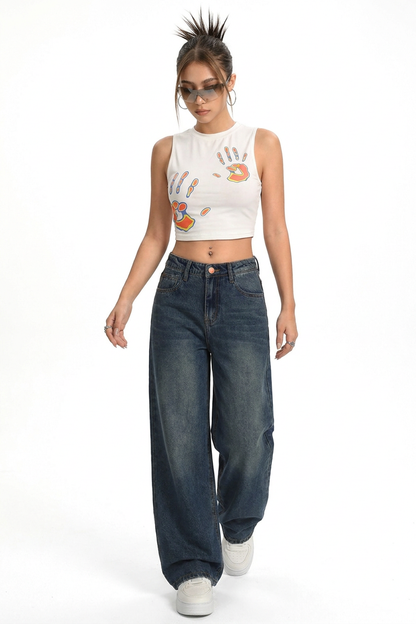 Women's Vintage Wash High Waist Loose Wide Leg Jeans